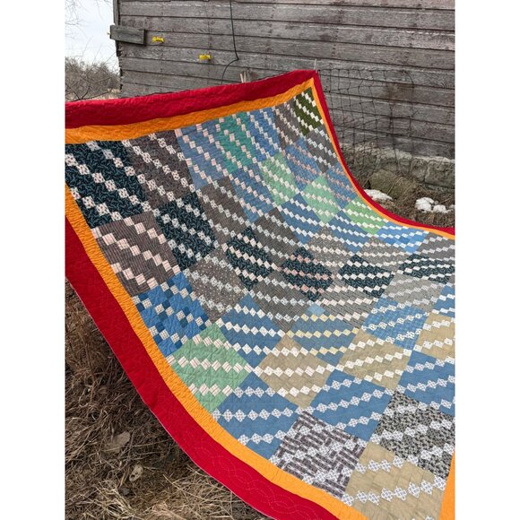 Vintage 1930s Fabric Postage Stamp Quilt 77.5x78" Rustic - Picture 2 of 16